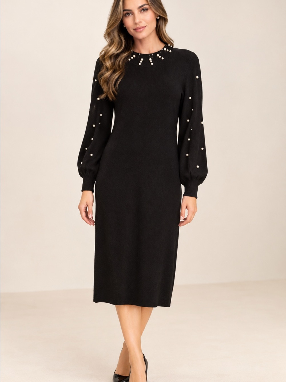 Nina Leonard Black Pearl-Trim Knit Sweater Dress, size L.
